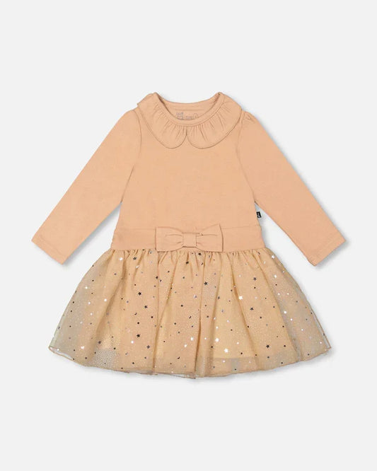 Deux Par Deux Bi-Material Dress with Glitter Skirt - Sesame/Beige