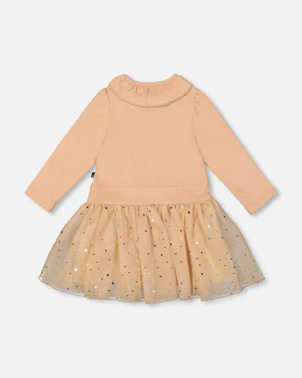 Deux Par Deux Bi-Material Dress with Glitter Skirt - Sesame/Beige