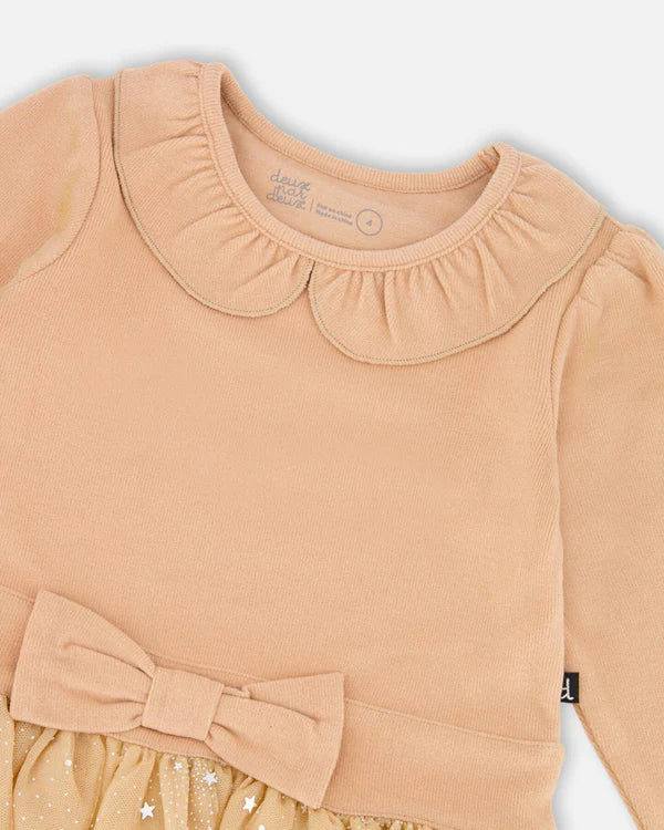 Deux Par Deux Bi-Material Dress with Glitter Skirt - Sesame/Beige