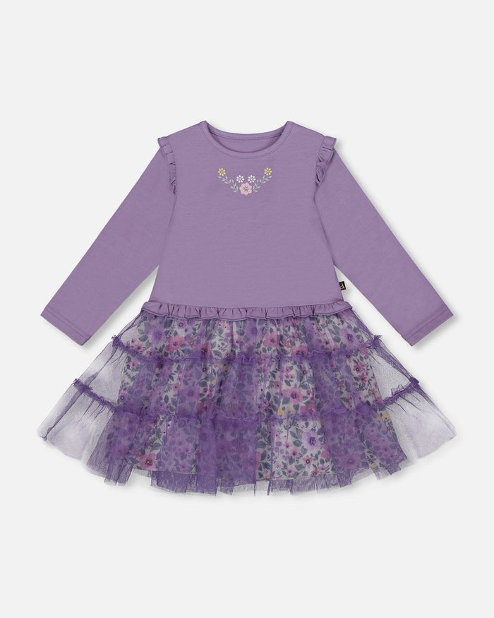 Deux Par Deux Bi-Material Dress With Muslin And Mesh Skirt - Purple