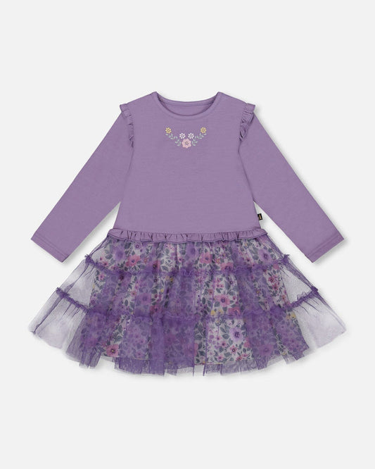 Deux Par Deux Bi-Material Dress With Muslin And Mesh Skirt - Purple