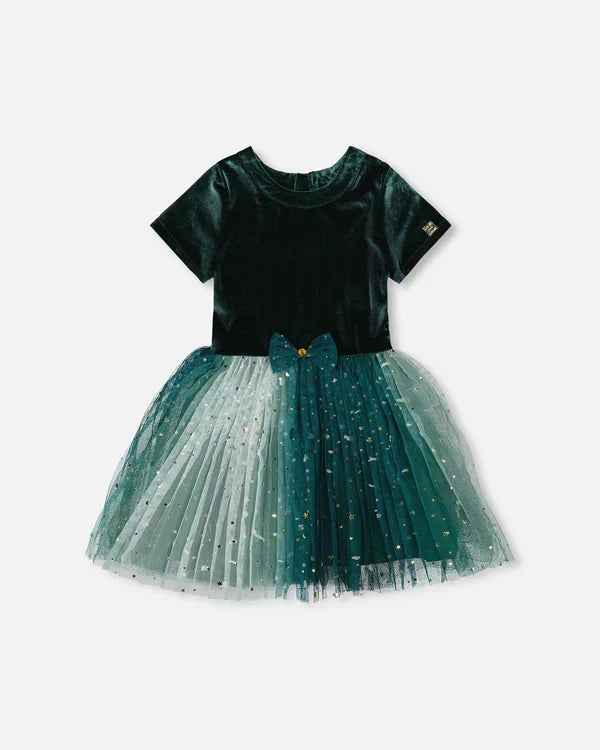 Deux Par Deux Bi-Material Short Sleeve Dress - Forest Green