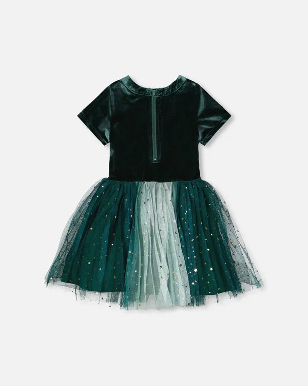 Deux Par Deux Bi-Material Short Sleeve Dress - Forest Green