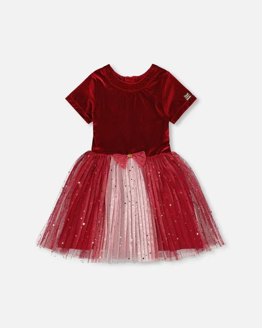 Deux Par Deux Bi-Material Short Sleeve Party Dress - Jester Red