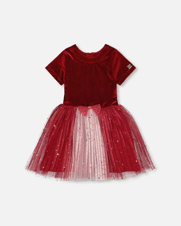 Deux Par Deux Bi-Material Short Sleeve Party Dress - Jester Red