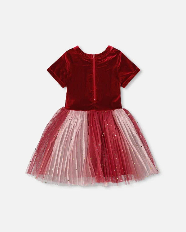 Deux Par Deux Bi-Material Short Sleeve Party Dress - Jester Red