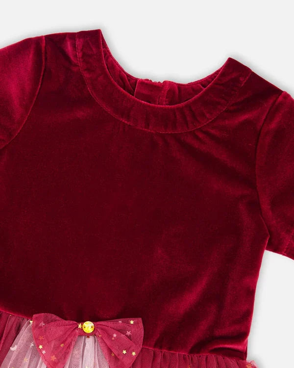 Deux Par Deux Bi-Material Short Sleeve Party Dress - Jester Red