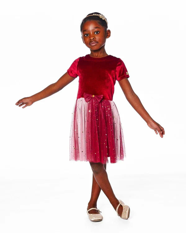 Deux Par Deux Bi-Material Short Sleeve Party Dress - Jester Red