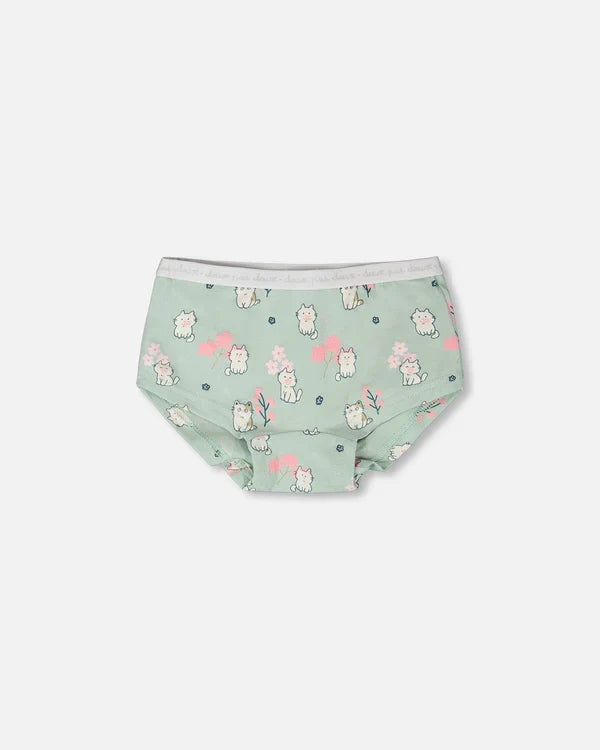 Deux Par Deux Boyshort Panty - Printed Green Kitten