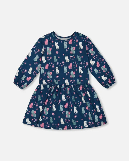 Deux Par Deux Brushed Jersey Dress - Printed Cats