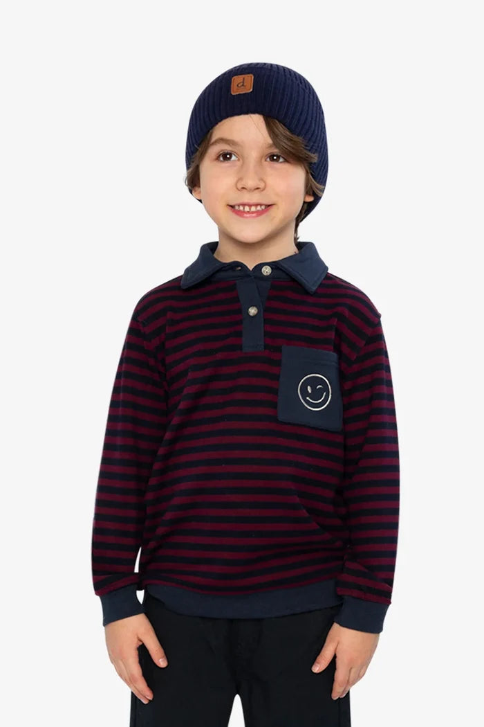 Deux Par Deux Brushed Jersey Top - Navy and Burgandy Stripes