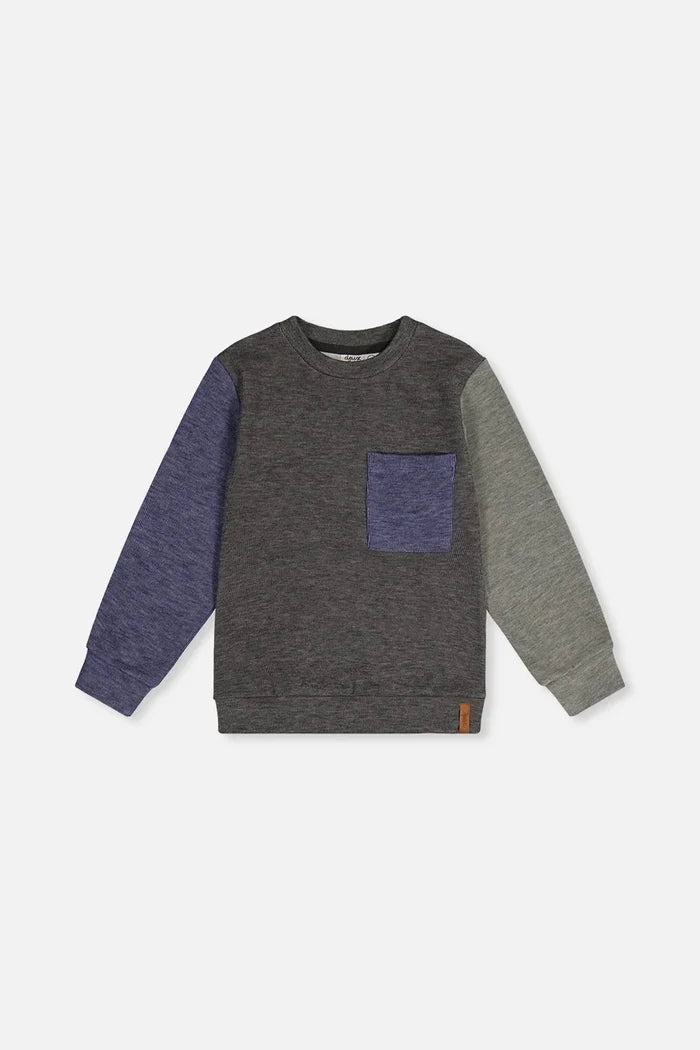 Deux Par Deux Colorblock Brushed Jersey Top with Chest Pocket - Beluga