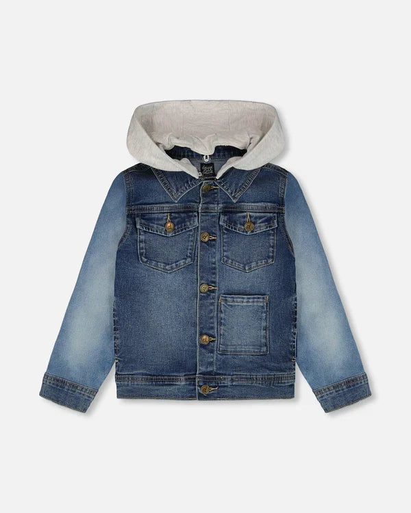 Deux Par Deux Denim Jacket with Removable French Terry Hood - Navy Denim