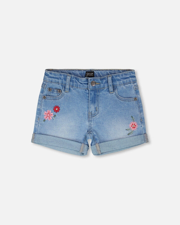 Deux Par Deux Denim Shorts with Embroidery - Light Blue Denim
