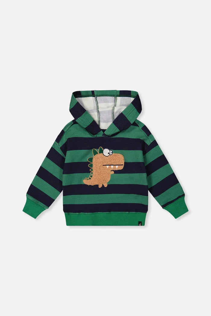 Deux Par Deux Fleece Hoodie With Applique - Blue Striped Green