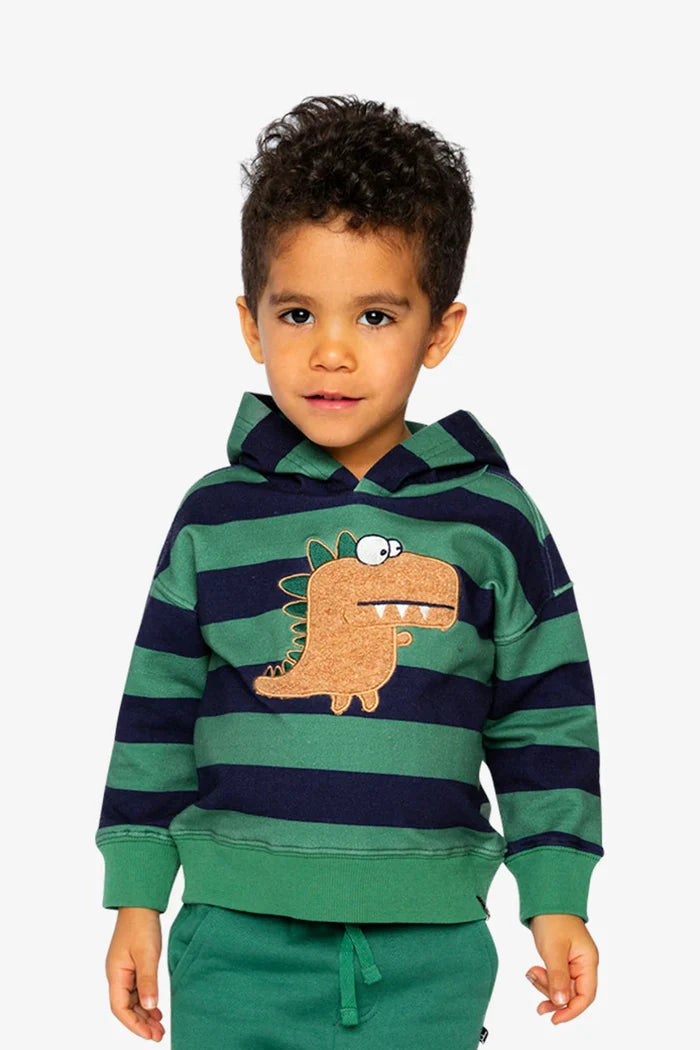 Deux Par Deux Fleece Hoodie With Applique - Blue Striped Green