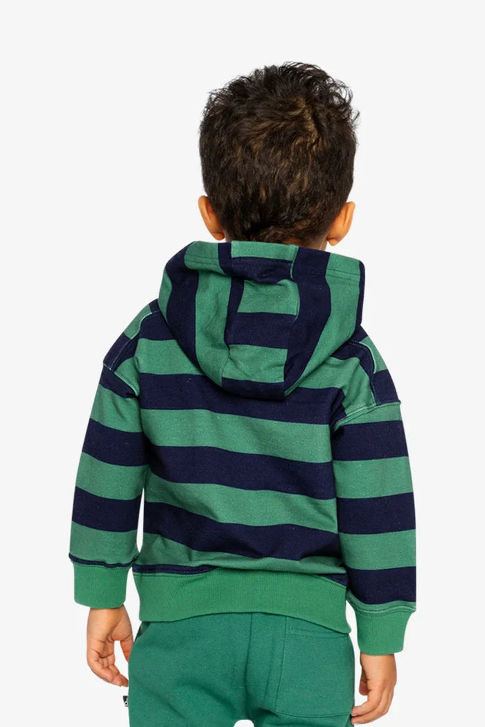 Deux Par Deux Fleece Hoodie With Applique - Blue Striped Green