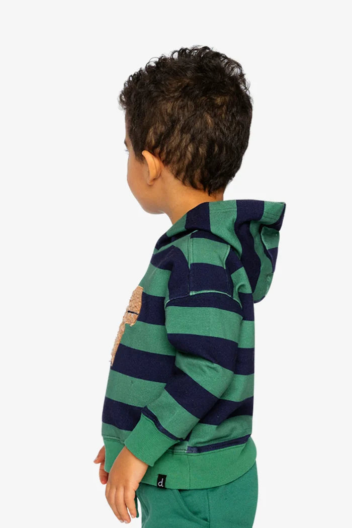 Deux Par Deux Fleece Hoodie With Applique - Blue Striped Green