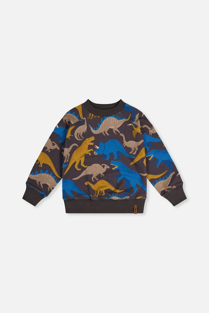 Deux Par Deux Fleece Sweatshirt - Grey Dinosaur Print