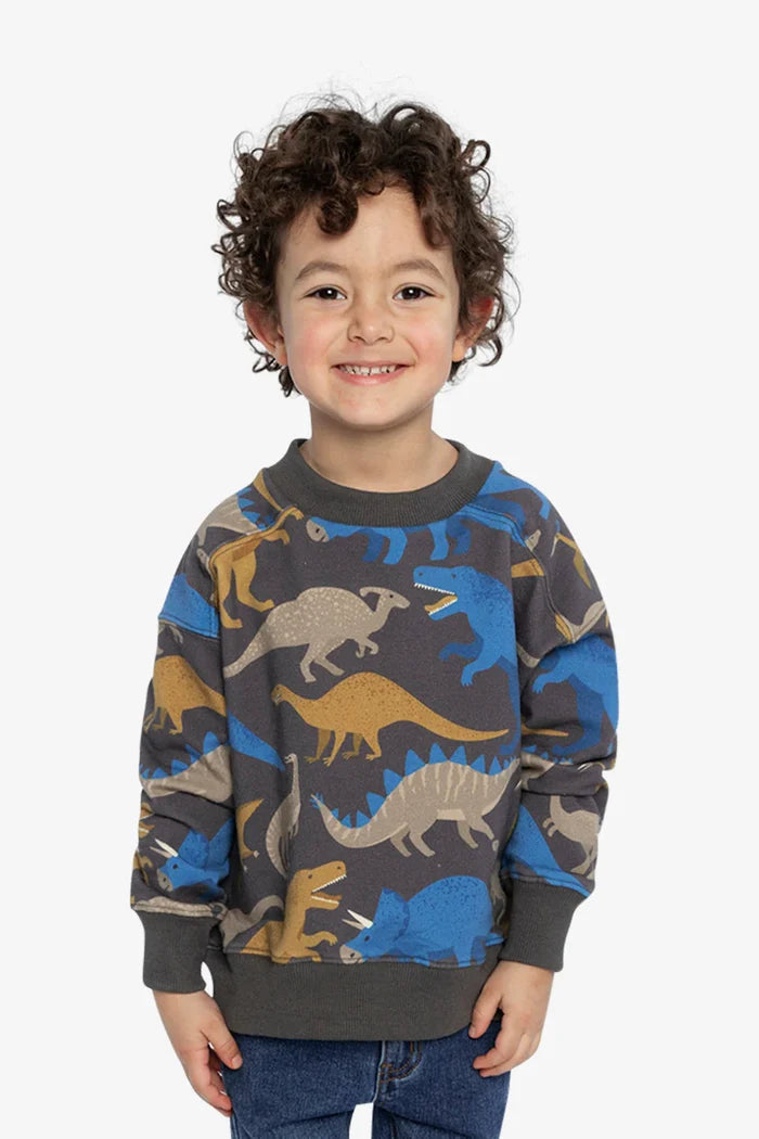 Deux Par Deux Fleece Sweatshirt - Grey Dinosaur Print