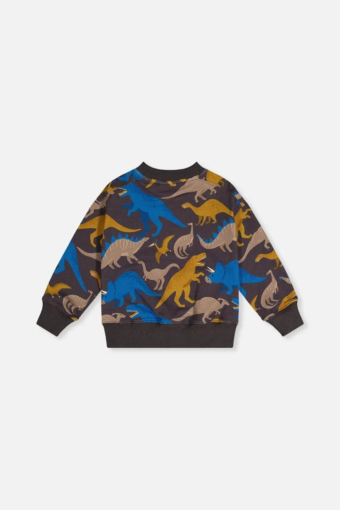 Deux Par Deux Fleece Sweatshirt - Grey Dinosaur Print