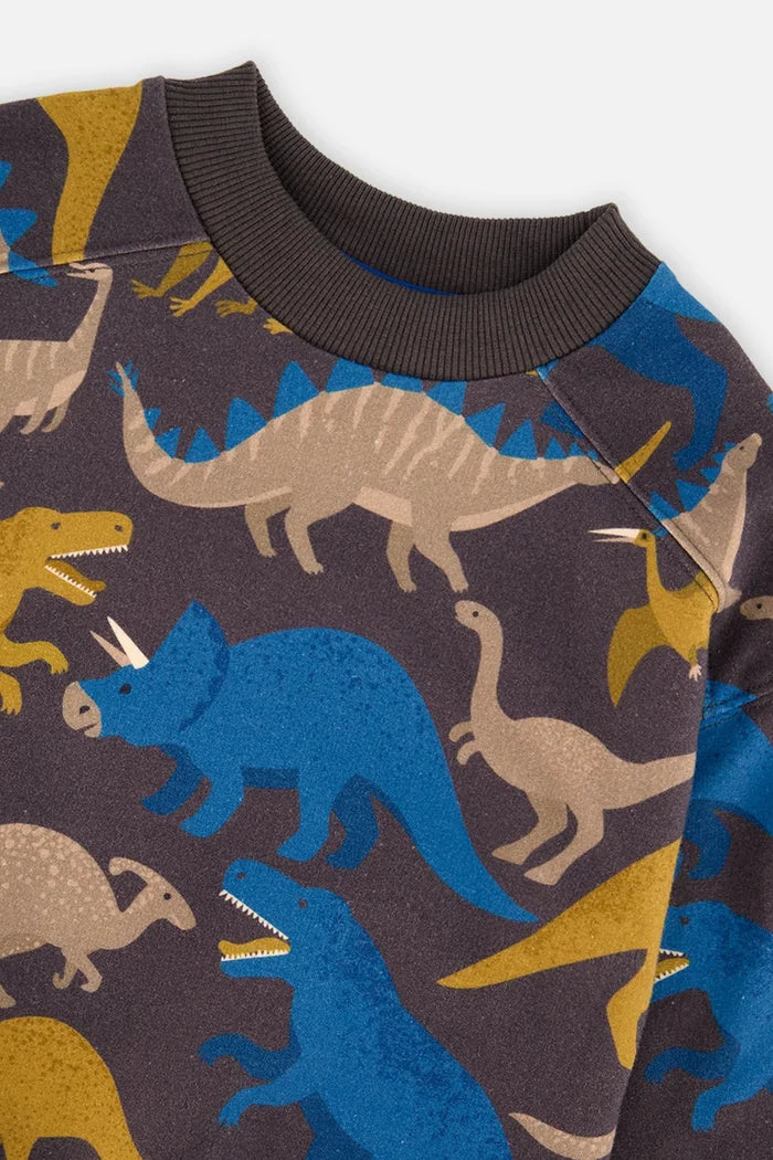 Deux Par Deux Fleece Sweatshirt - Grey Dinosaur Print