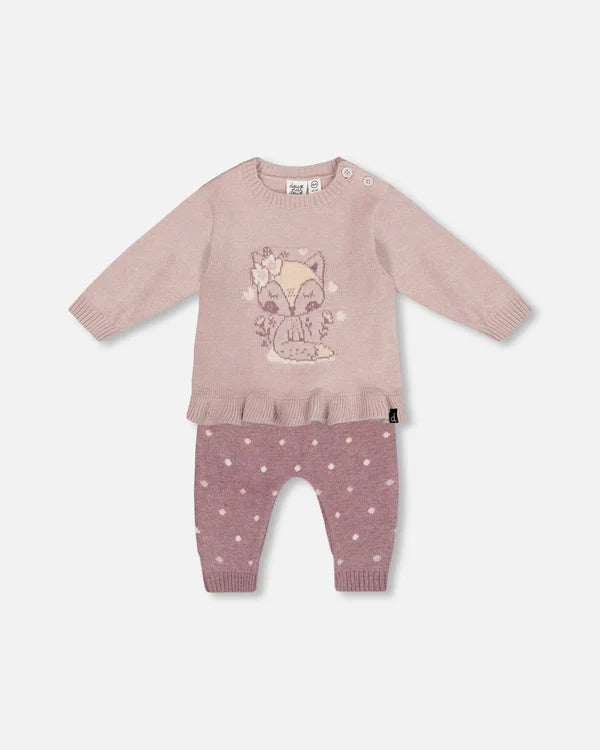 Deux Par Deux Fox Intarsia Top and Knitted Pants Knit Set - Woodrose