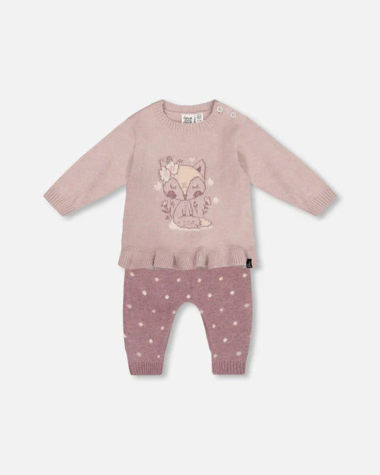 Deux Par Deux Fox Intarsia Top and Knitted Pants Knit Set - Woodrose