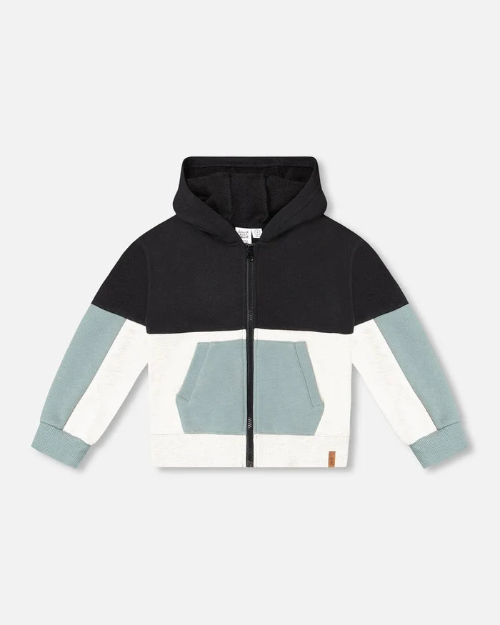 Deux Par Deux French Terry Color Block Full Zip Hoodie Cardigan Sweatshirt  - Anthracite