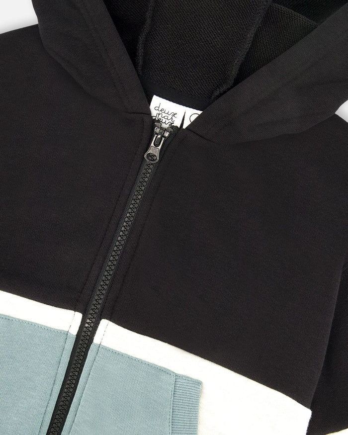 Deux Par Deux French Terry Color Block Full Zip Hoodie Cardigan Sweatshirt  - Anthracite