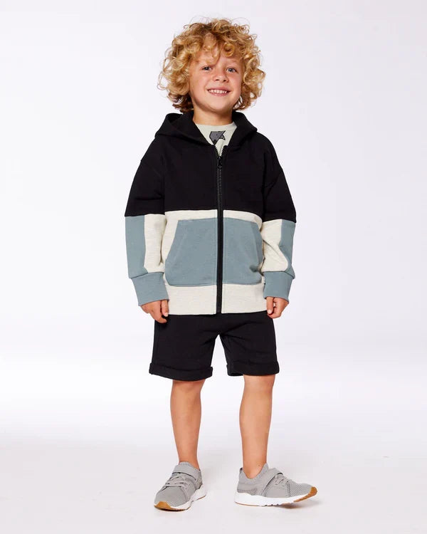 Deux Par Deux French Terry Color Block Full Zip Hoodie Cardigan Sweatshirt  - Anthracite