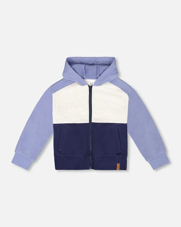 Deux Par Deux French Terry Color Block Full Zip Hoodie Cardigan Sweatshirt  - Peacoat