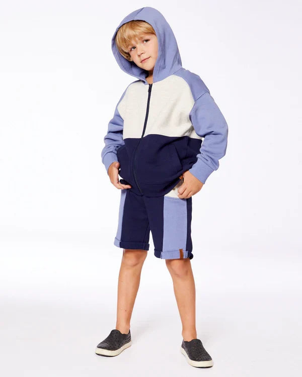 Deux Par Deux French Terry Color Block Full Zip Hoodie Cardigan Sweatshirt  - Peacoat