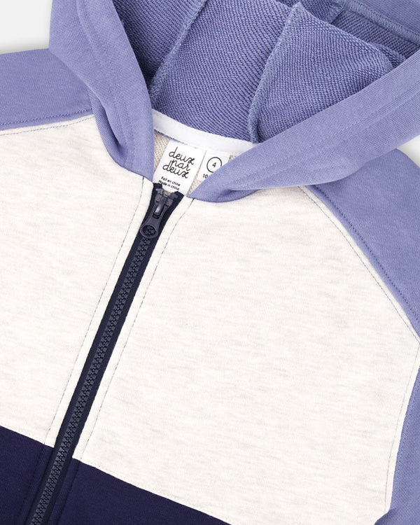 Deux Par Deux French Terry Color Block Full Zip Hoodie Cardigan Sweatshirt  - Peacoat