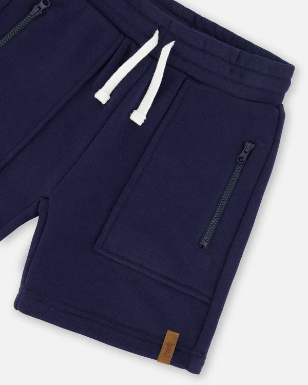 Deux Par Deux French Terry Zip Pocket Shorts - Navy Blue