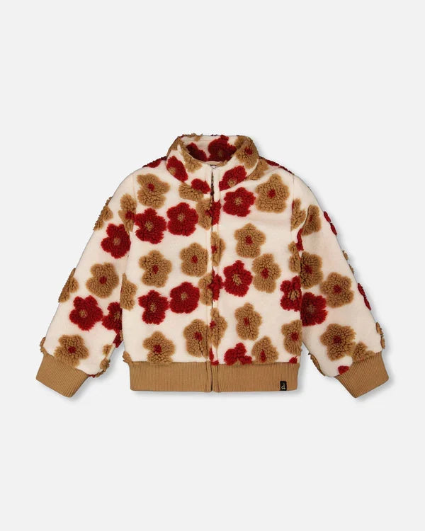 Deux Par Deux Full Zip Sherpa Jacket  - Jacquard Floral Pattern Beige/Red