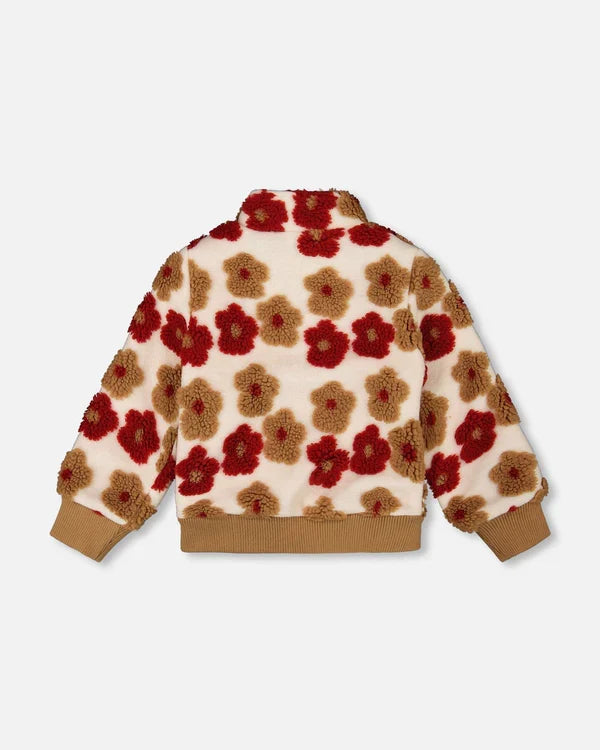 Deux Par Deux Full Zip Sherpa Jacket  - Jacquard Floral Pattern Beige/Red