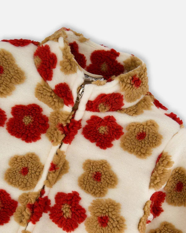 Deux Par Deux Full Zip Sherpa Jacket  - Jacquard Floral Pattern Beige/Red