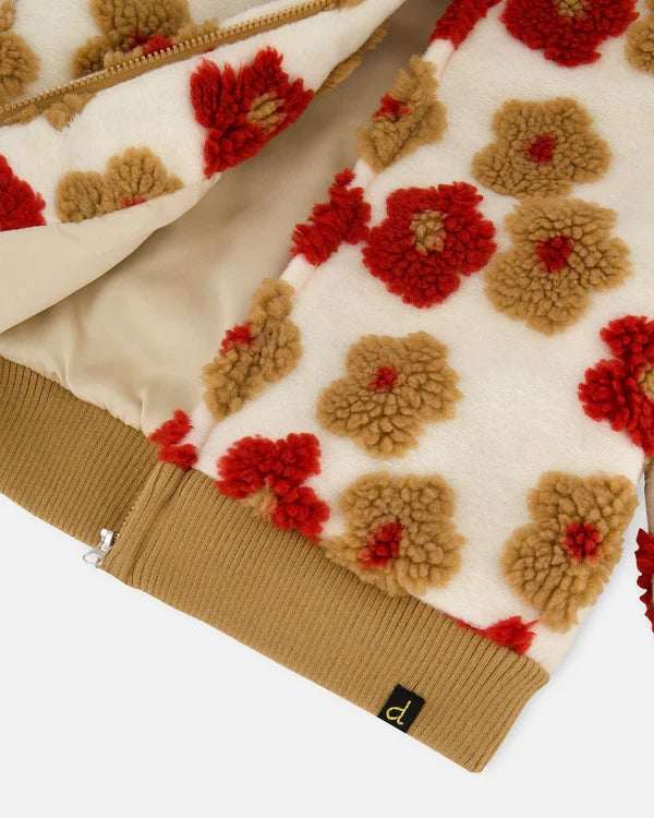 Deux Par Deux Full Zip Sherpa Jacket  - Jacquard Floral Pattern Beige/Red