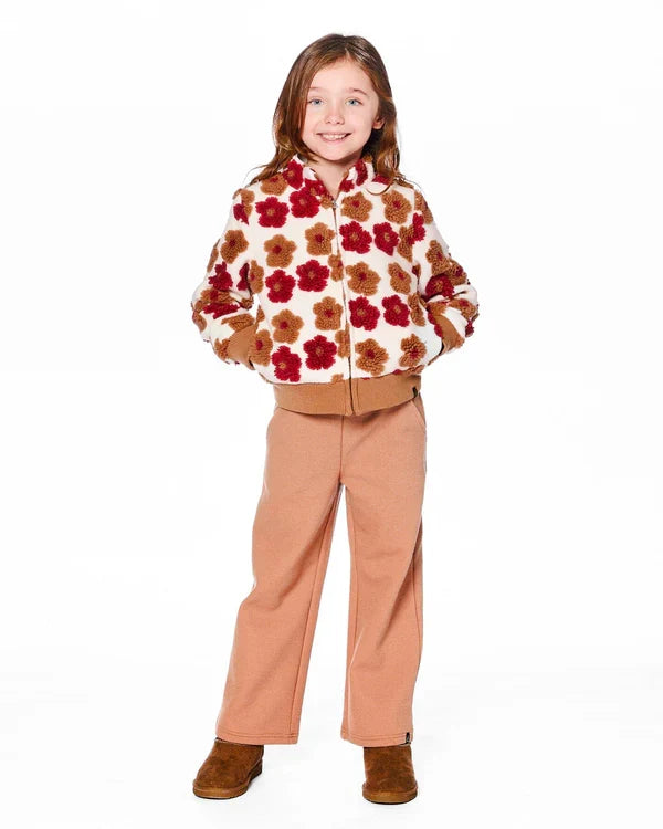 Deux Par Deux Full Zip Sherpa Jacket  - Jacquard Floral Pattern Beige/Red