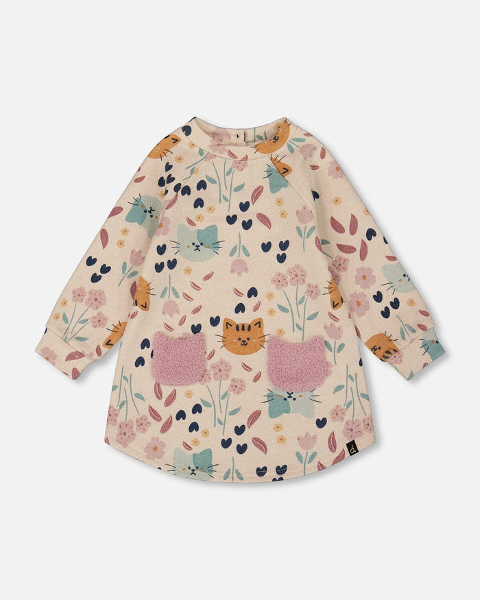 Deux Par Deux Glittering French Terry Dress - Beige Printed Cat