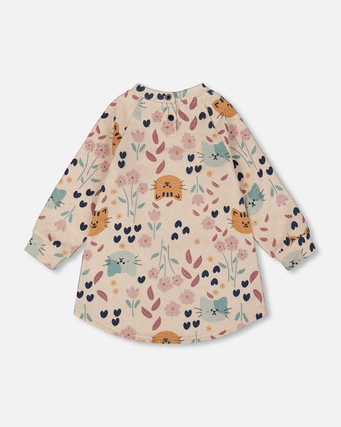 Deux Par Deux Glittering French Terry Dress - Beige Printed Cat