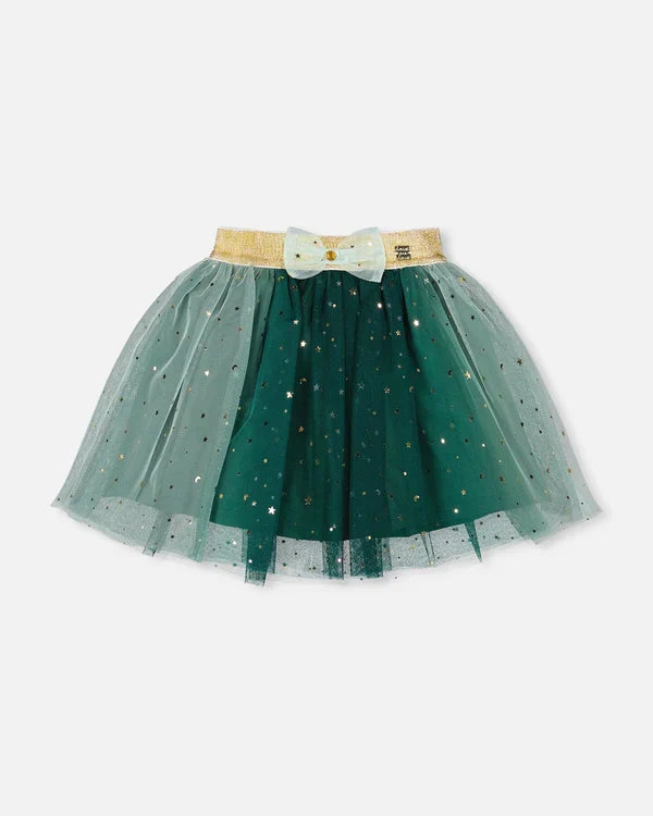 Deux Par Deux Gradiant Mesh Skirt with Bow - June Bug Forest Green