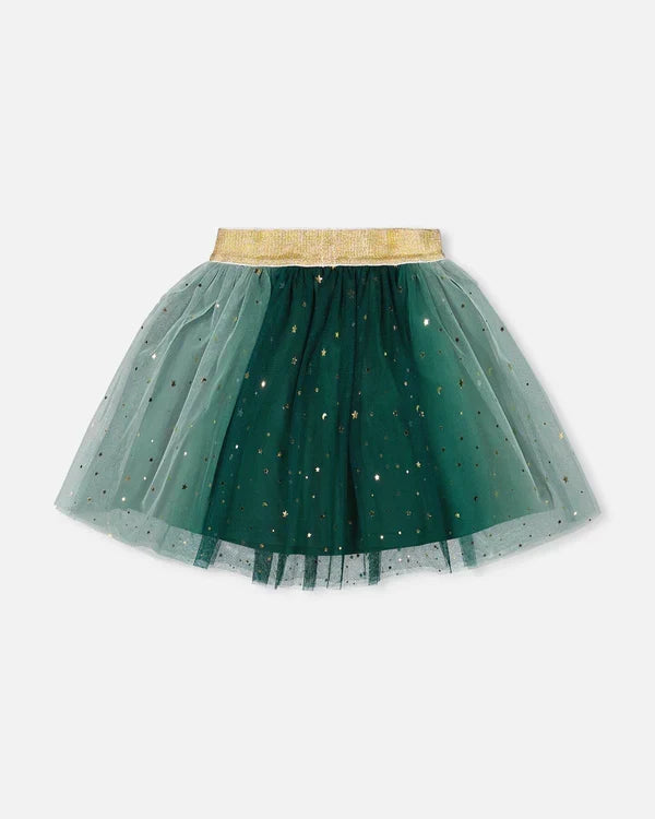 Deux Par Deux Gradiant Mesh Skirt with Bow - June Bug Forest Green