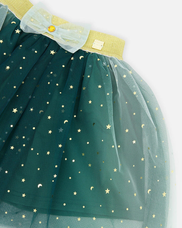 Deux Par Deux Gradiant Mesh Skirt with Bow - June Bug Forest Green