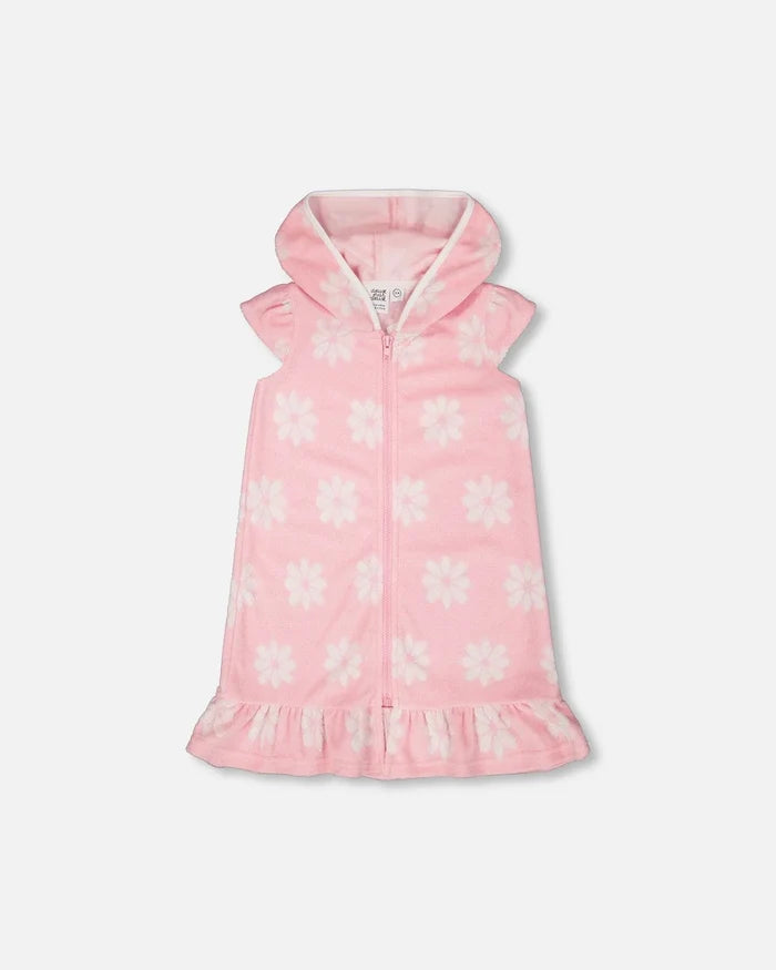 Deux Par Deux Hooded Terry Beach Dress - Pink Printed Flowers