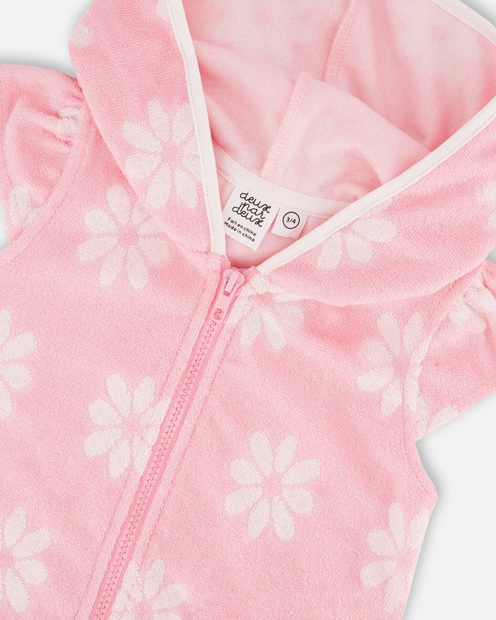 Deux Par Deux Hooded Terry Beach Dress - Pink Printed Flowers