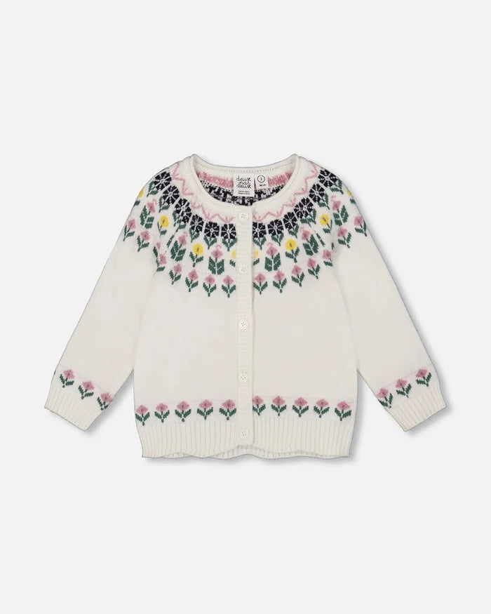 Deux Par Deux Jacquard Knit Cardigan - Off White Floral