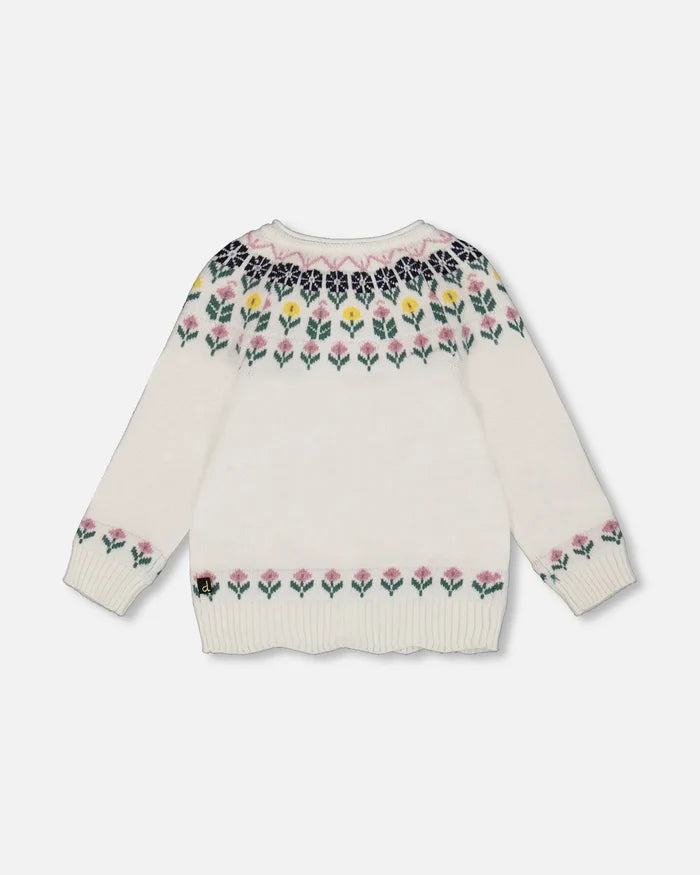 Deux Par Deux Jacquard Knit Cardigan - Off White Floral