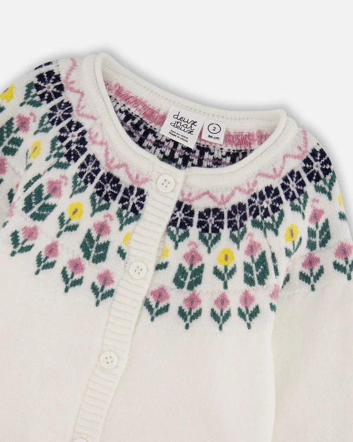Deux Par Deux Jacquard Knit Cardigan - Off White Floral
